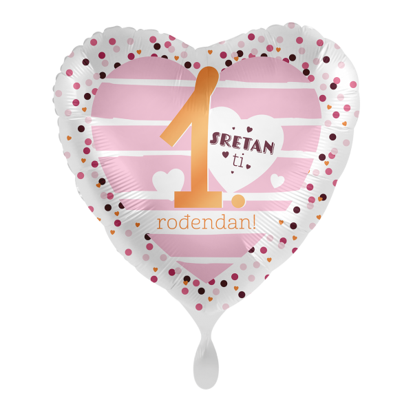 Folijski balon, Sretan 1. rođendan, roza srce, 43 cm