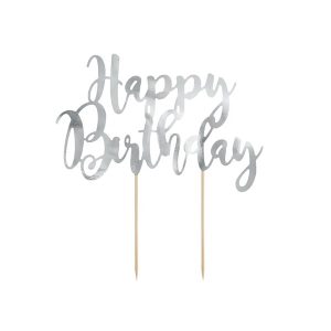Topper za tortu Happy Birthday, srebrni, 22.5 cm