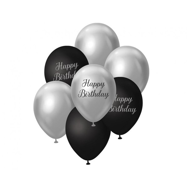 Lateks balonski buket Happy Birthday, Silver, 7 kom
