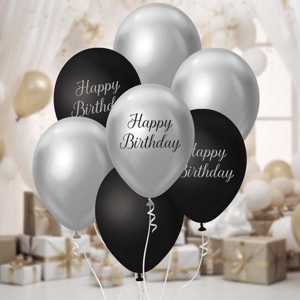 Lateks balonski buket Happy Birthday, Silver, 7 kom - Slika 2